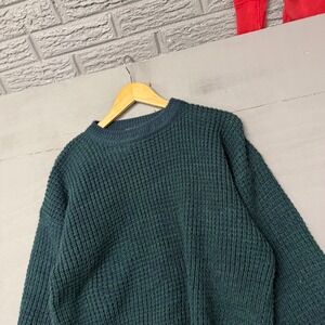 David Taylor Mens Forest Green Waffle Knit Crewneck Sweater Large Vintage Style
